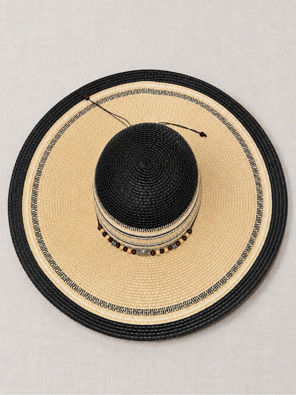 Two-Tone Wide Brim Straw Sun Hat - Black and Cream Bead Accent